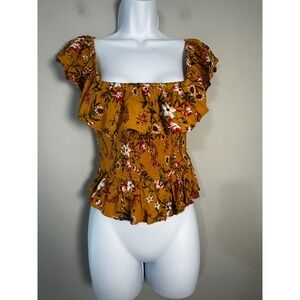 B.O.G Collective Mustard Yellow Floral Smocked Peplum Ruffle Cap Sleeve Top XS
